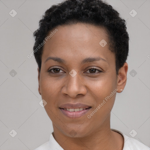 Joyful latino young-adult female with short  black hair and brown eyes