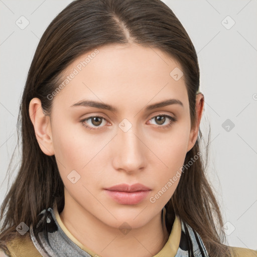 Neutral white young-adult female with long  brown hair and brown eyes