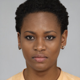 Neutral black young-adult female with short  black hair and brown eyes