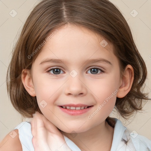 Joyful white child female with medium  brown hair and brown eyes