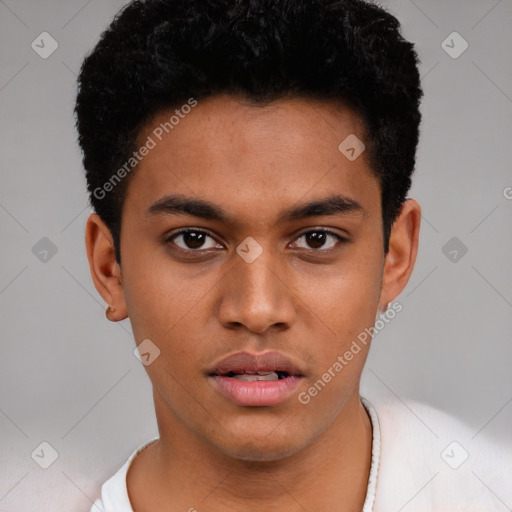 Neutral latino young-adult male with short  black hair and brown eyes