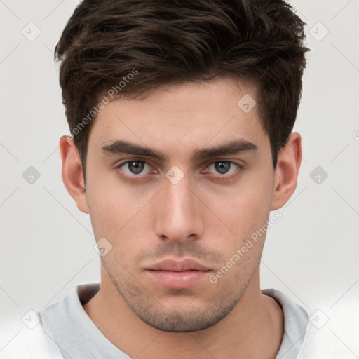 Neutral white young-adult male with short  brown hair and brown eyes