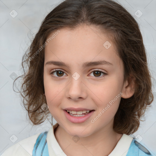 Joyful white child female with medium  brown hair and brown eyes