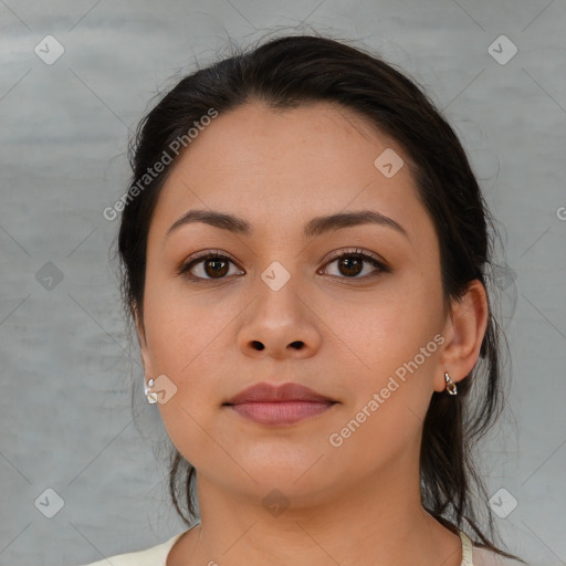 Neutral white young-adult female with medium  brown hair and brown eyes