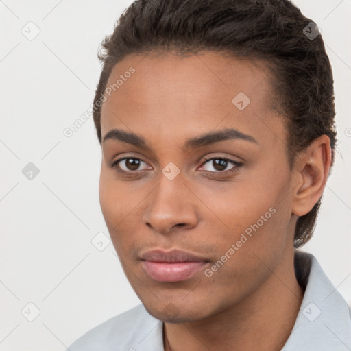 Neutral white young-adult female with short  brown hair and brown eyes