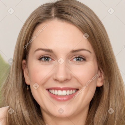 Joyful white young-adult female with long  brown hair and grey eyes