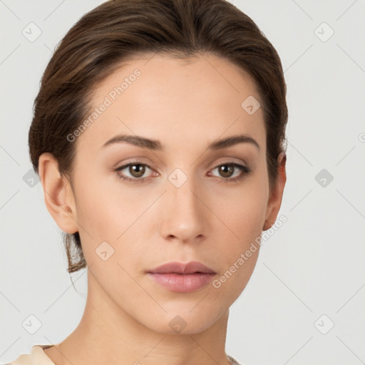 Neutral white young-adult female with short  brown hair and brown eyes