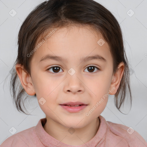 Joyful white child female with medium  brown hair and brown eyes