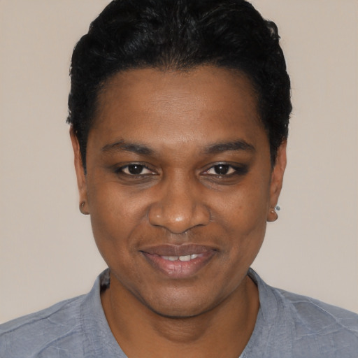 Joyful black young-adult female with short  black hair and brown eyes