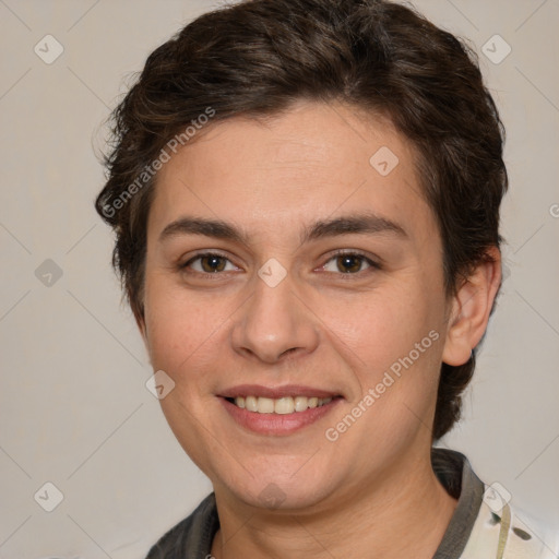 Joyful white young-adult female with short  brown hair and brown eyes