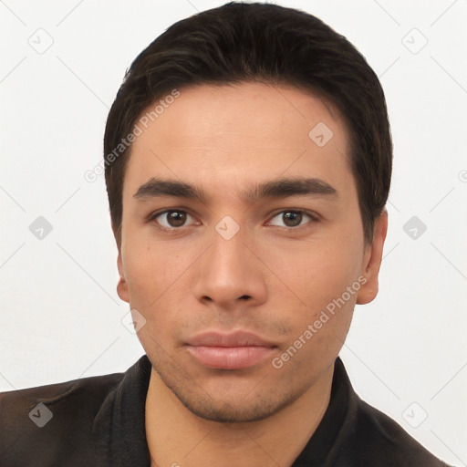 Neutral white young-adult male with short  brown hair and brown eyes