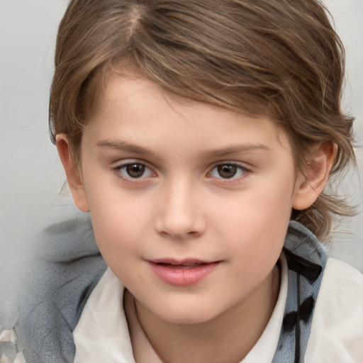 Joyful white child female with medium  brown hair and brown eyes