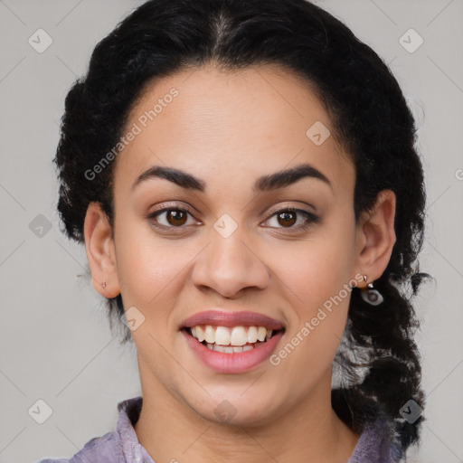 Joyful latino young-adult female with medium  black hair and brown eyes