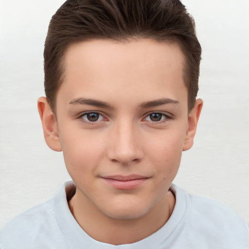 Joyful white child female with short  brown hair and brown eyes