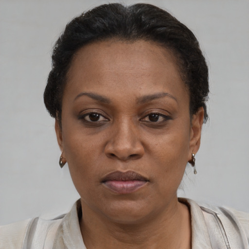 Joyful black adult female with short  brown hair and brown eyes