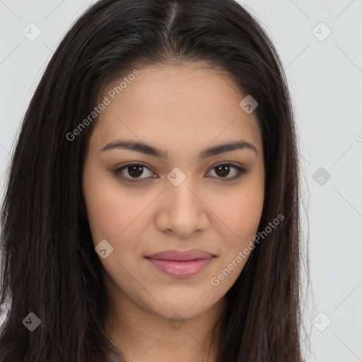 Joyful latino young-adult female with long  brown hair and brown eyes