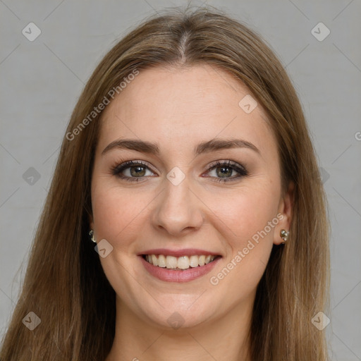 Joyful white young-adult female with long  brown hair and green eyes