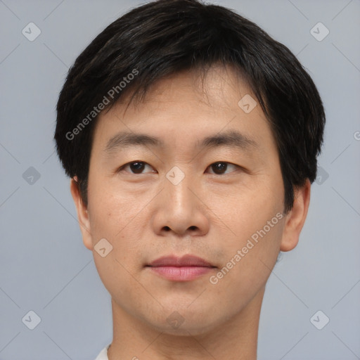 Joyful asian young-adult male with short  black hair and brown eyes