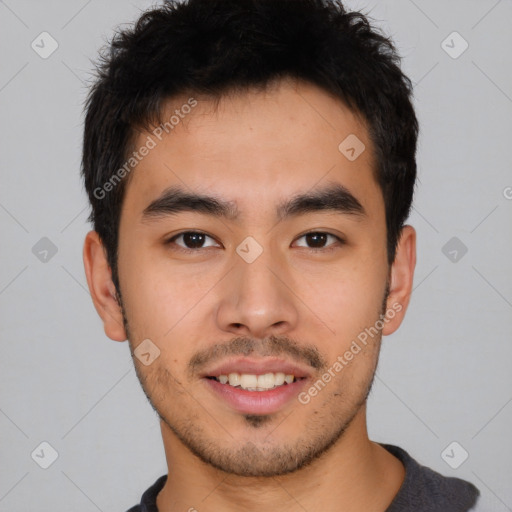 Neutral asian young-adult male with short  black hair and brown eyes