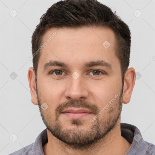 Neutral white young-adult male with short  brown hair and brown eyes