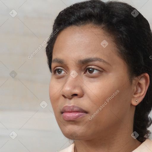 Neutral white young-adult female with short  brown hair and brown eyes