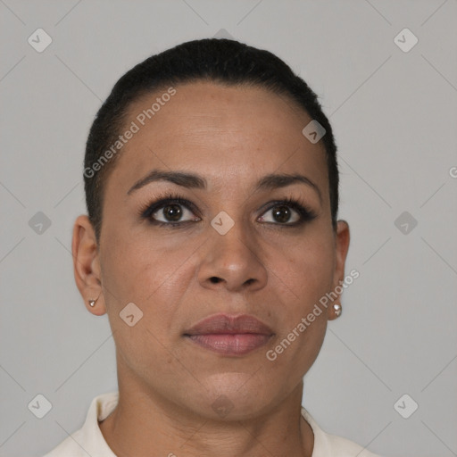 Joyful latino young-adult female with short  brown hair and brown eyes