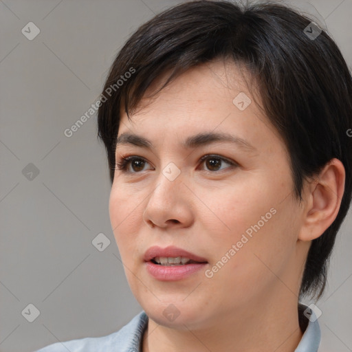 Neutral white young-adult female with medium  brown hair and brown eyes