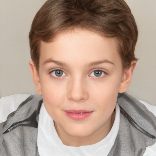 Joyful white child female with short  brown hair and brown eyes