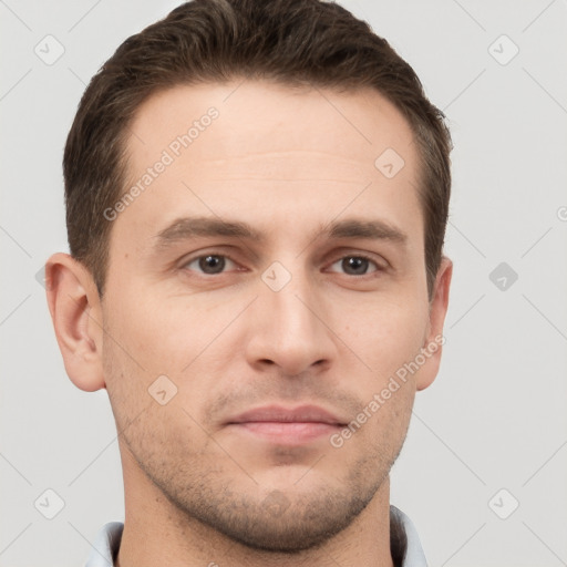 Neutral white young-adult male with short  brown hair and grey eyes