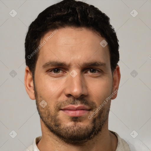 Neutral white young-adult male with short  brown hair and brown eyes