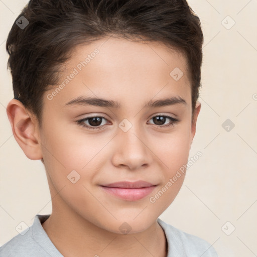 Joyful white child female with short  brown hair and brown eyes