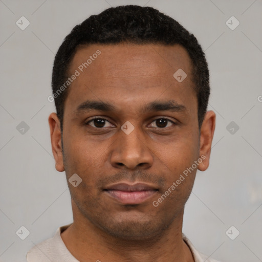 Neutral latino young-adult male with short  black hair and brown eyes