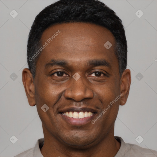 Joyful black young-adult male with short  black hair and brown eyes
