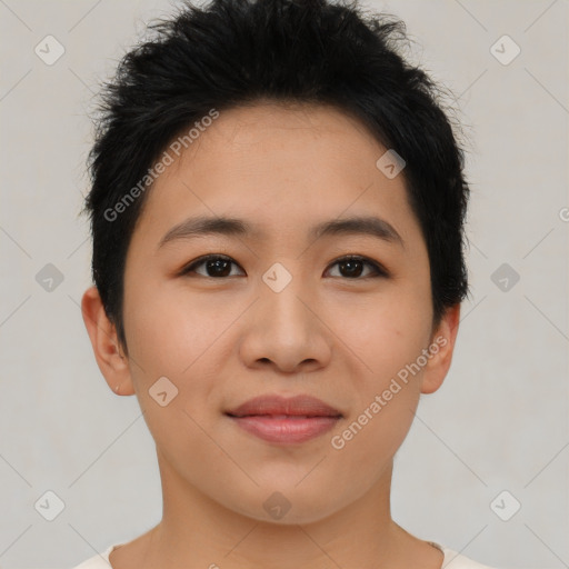 Joyful asian young-adult female with short  brown hair and brown eyes