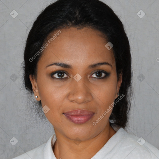 Joyful black young-adult female with medium  black hair and brown eyes