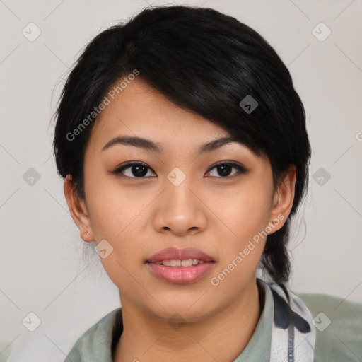 Joyful asian young-adult female with medium  black hair and brown eyes