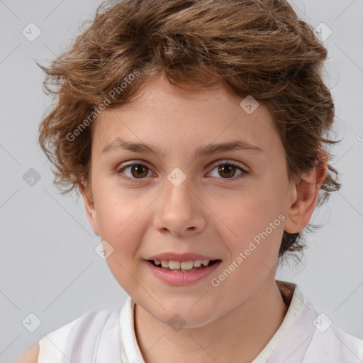 Joyful white child female with medium  brown hair and brown eyes