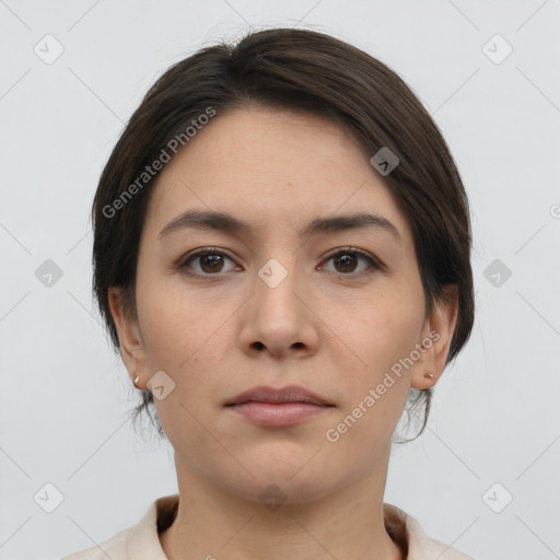 Neutral white young-adult female with medium  brown hair and brown eyes