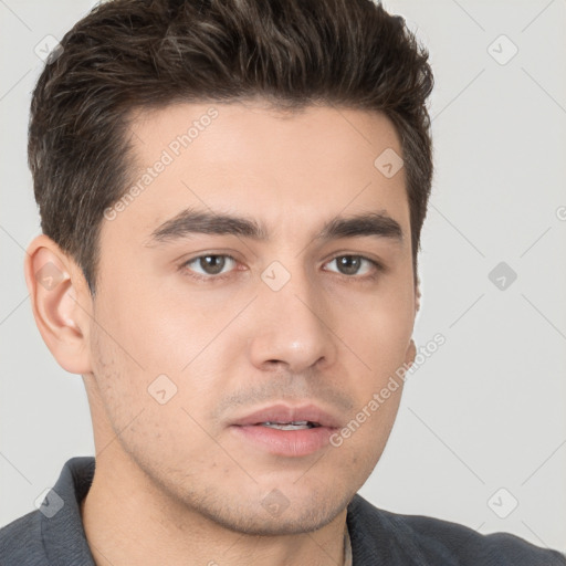 Neutral white young-adult male with short  brown hair and brown eyes