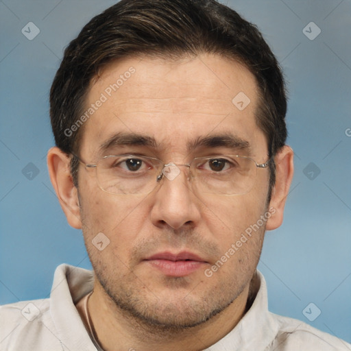 Neutral white adult male with short  brown hair and brown eyes