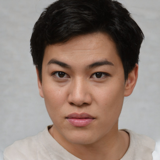 Neutral asian young-adult female with short  brown hair and brown eyes