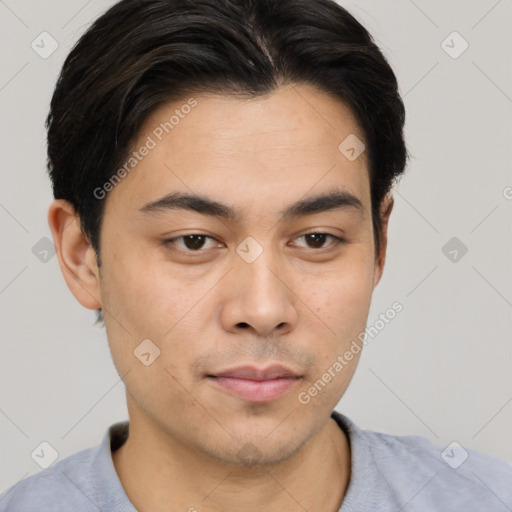 Neutral asian young-adult male with short  brown hair and brown eyes