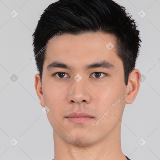 Neutral asian young-adult male with short  black hair and brown eyes