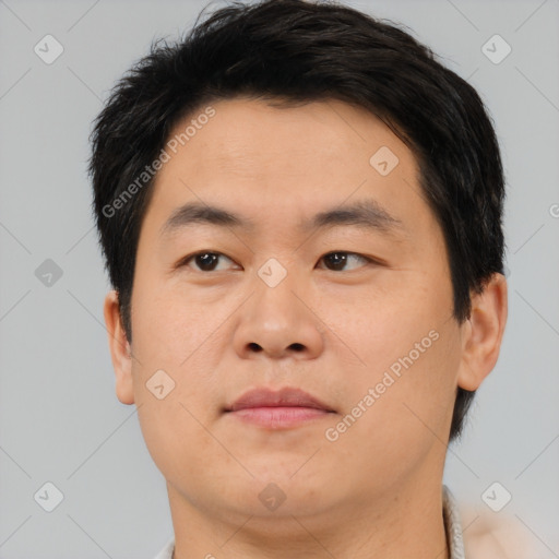 Neutral asian young-adult male with short  brown hair and brown eyes