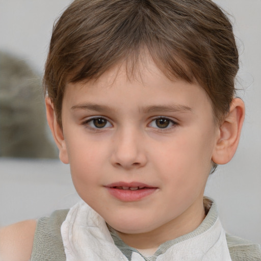 Joyful white child female with short  brown hair and brown eyes