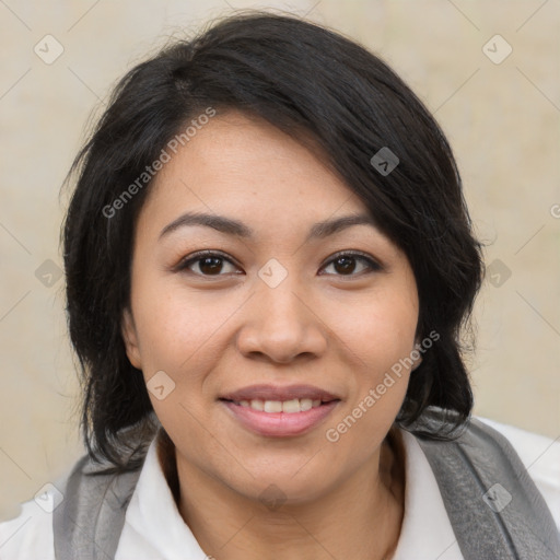 Joyful latino young-adult female with medium  black hair and brown eyes