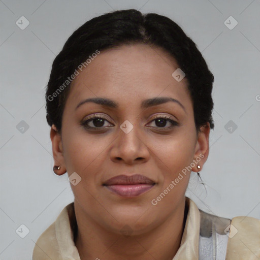 Joyful latino young-adult female with short  brown hair and brown eyes