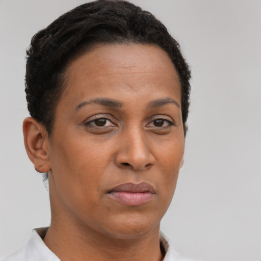 Neutral black young-adult female with short  brown hair and brown eyes