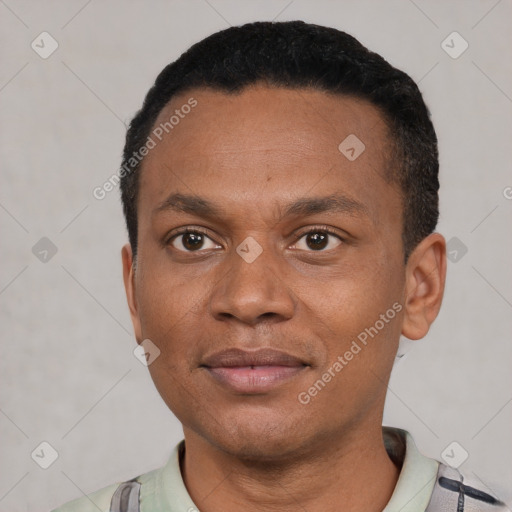 Neutral latino young-adult male with short  black hair and brown eyes