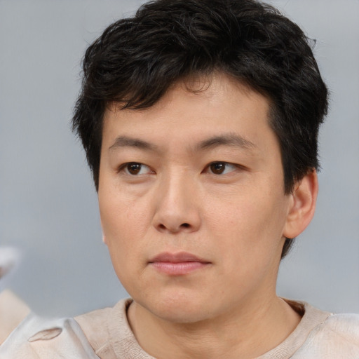 Neutral asian young-adult male with short  brown hair and brown eyes